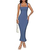 ZESICA Women's Summer Bodycon Midi Dress Sleeveless Square Neck Slim Fit Back Slit Long Cocktail Party Dresses
