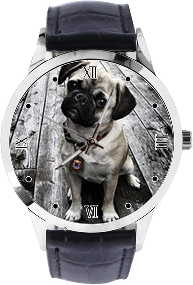 SchwarzWeiß Niedliche Mops Hund Custom Armbanduhr Unisex Analog Quarz