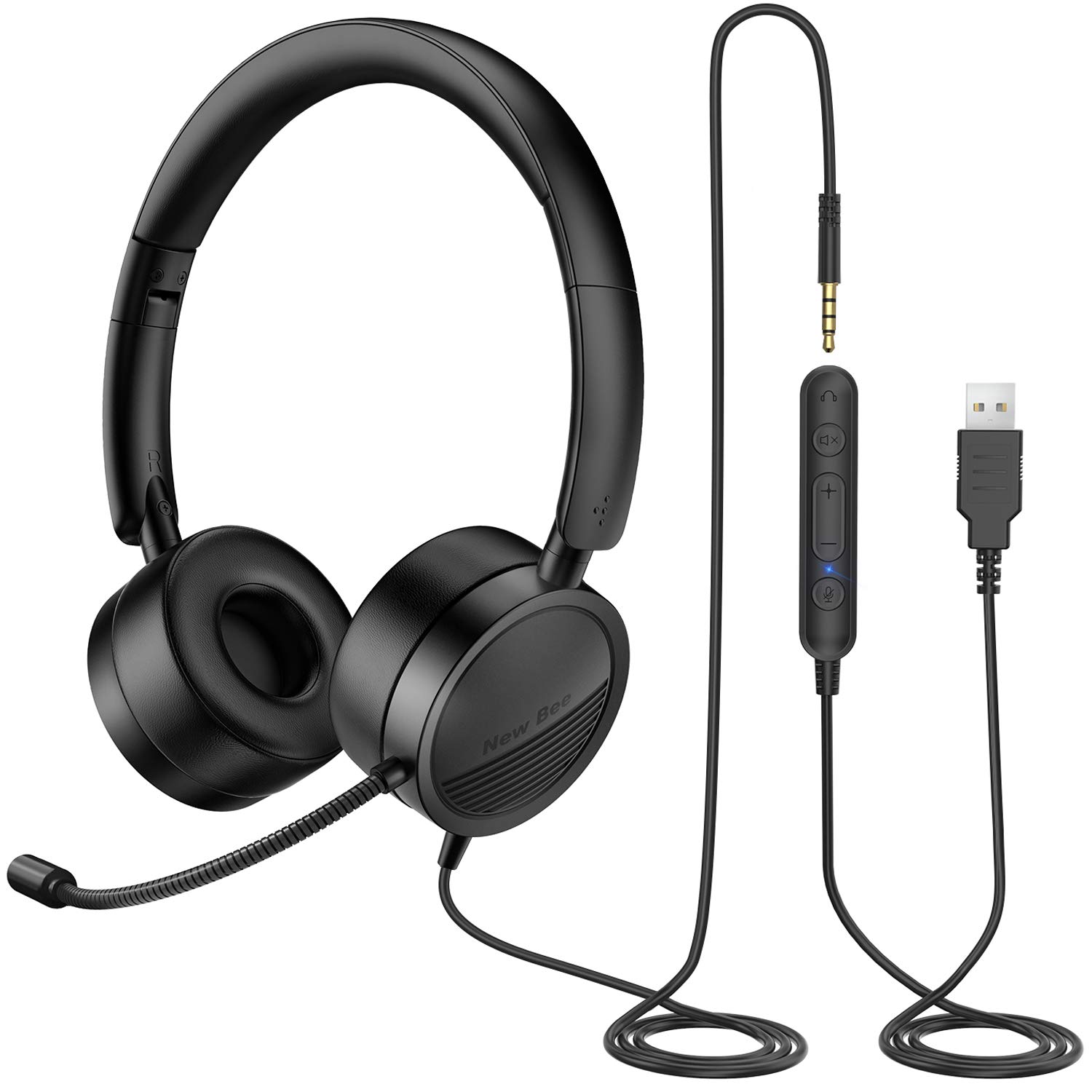 New Bee USB Headset with Microphone for PC Laptop, Computer Headsets with 3.5mm Jack 2-in-1 Audio Controls Clear Stereo Sound for Office Call Center Business Skype Chat Online Courses