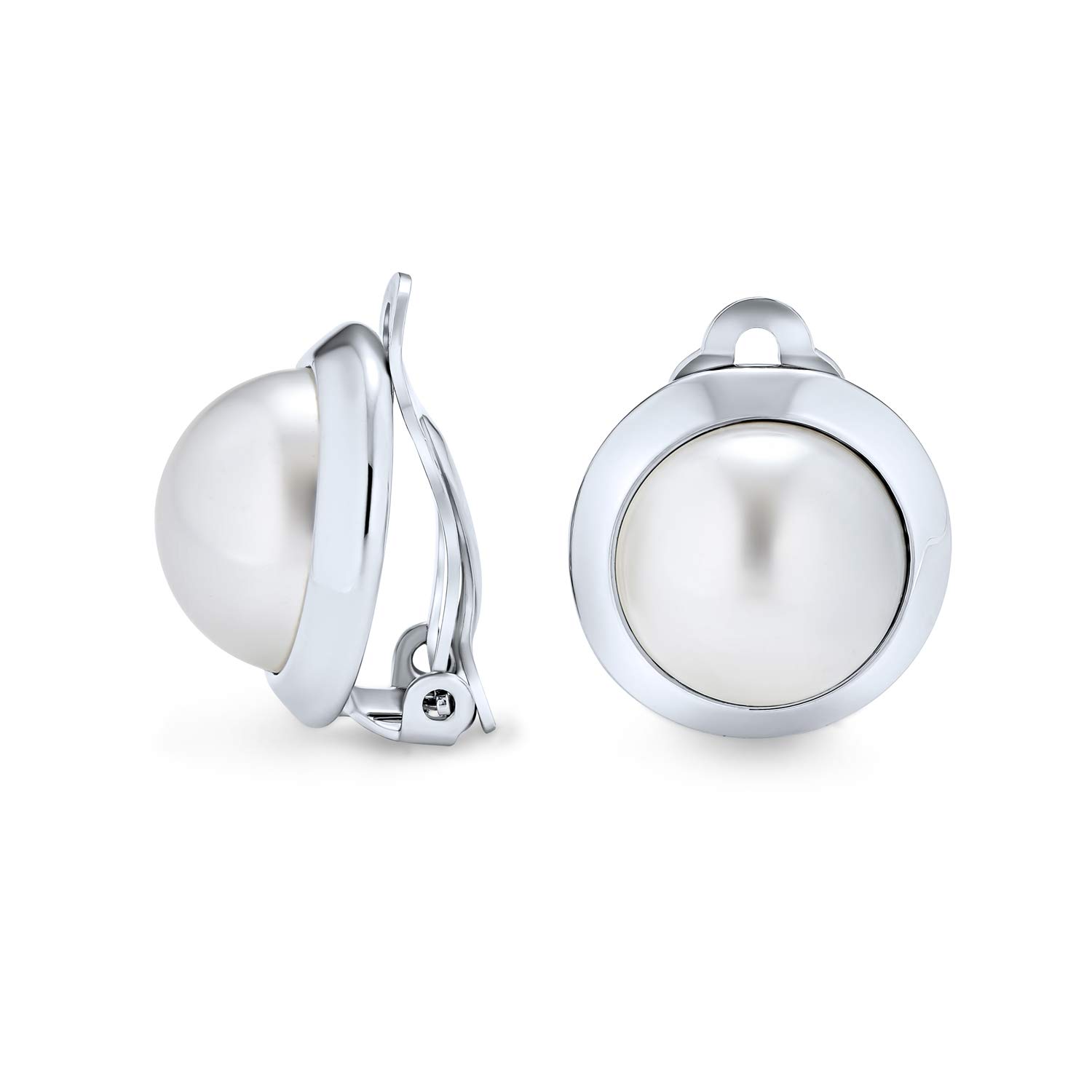 Simple Button Style Round Dome Bezel White Simulated Pearl Clip On Earrings For Women Non Pierced Ear Silver Plated Brass — image 1