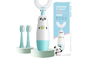 MEQTPOMY Kids U-Shaped Electric Toothbrush with 2 Brush Heads, Toddlers Sonic with 360 Degree Cleaning, Soft Bristles, Battery Included, IPX7 Waterproof, Cute cartoon for Girls and Boys, Ages 2-7 (Blue)