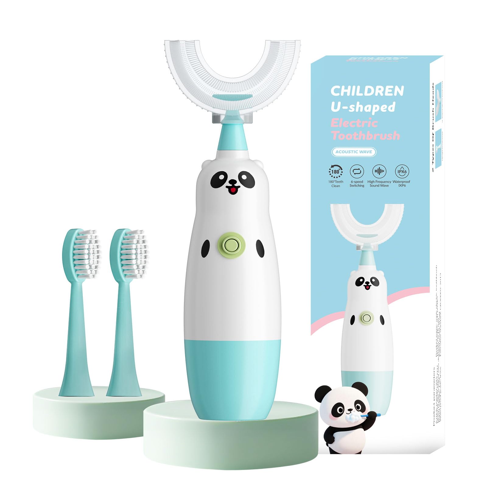 Photo 1 of Kids U-Shaped Electric Toothbrush with 2 Brush Heads, Toddlers Sonic with 360 Degree Cleaning, Soft Bristles, Battery Included, IPX7 Waterproof, Cute cartoon for Girls and Boys, Ages 2-7 (Blue)