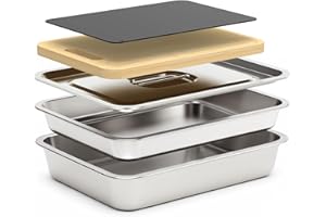 Sirozi 5pcs Grill Prep Trays Sets, Stainless Steel Grilling Prep and Serve Tray, Marinade Container with Lid, Thawing Board, Cutting Board, BBQ Grill Accessories, Grilling Gifts for Mens