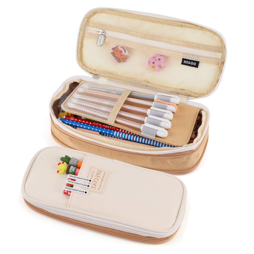 iSuperb Pencil Case Large Capacity Student Khaki Pencil Bag Canvas Pencil Pouch for Girls Boys ，Pen Stationery Storage Bag Double Zipper Pencil Organizer School Office