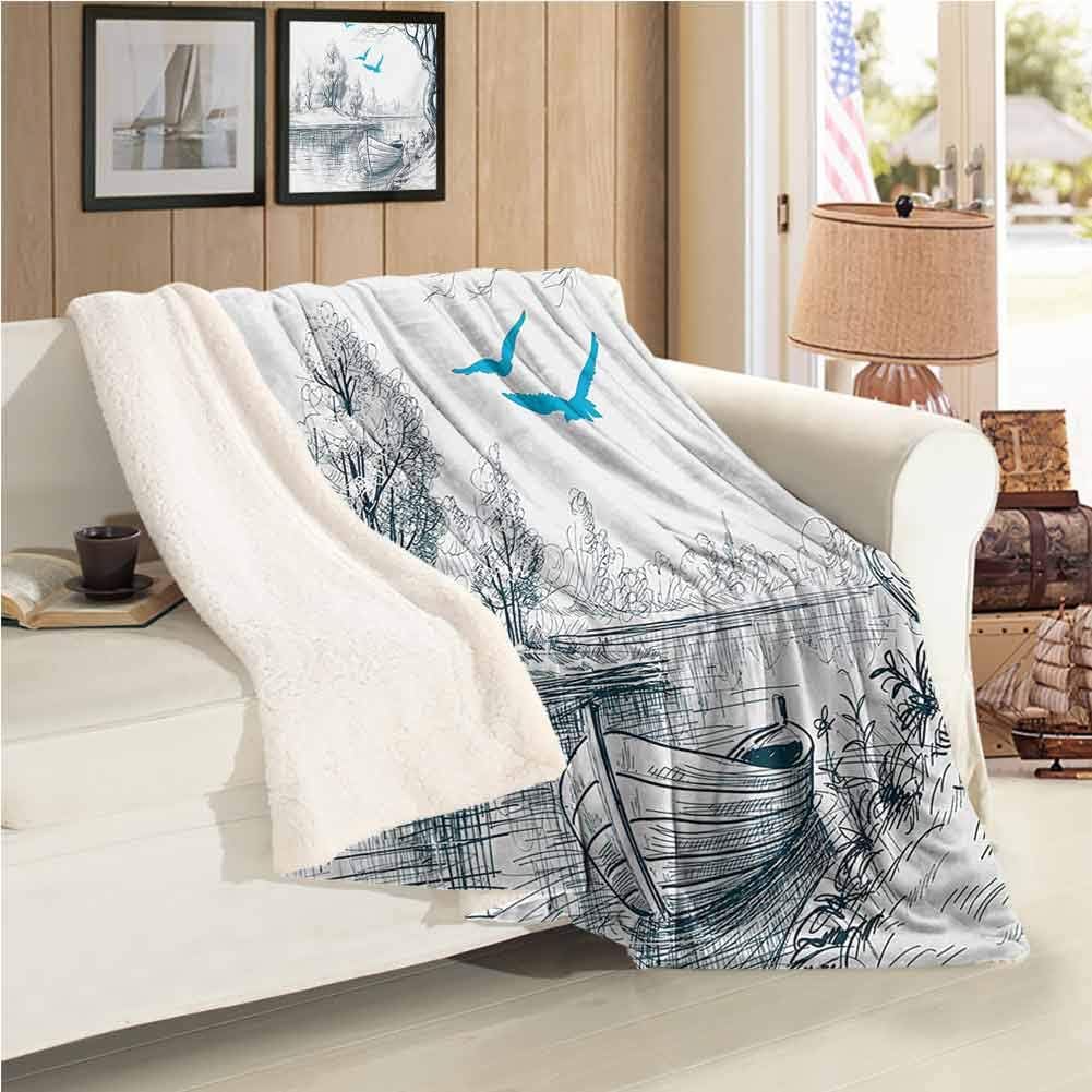Amazon Com Landscape Personalized Blankets Throw Size Boat On Calm River Trees Birds Twigs Sketch Drawing Clipart Water Minimalist Throws Blankets For Couch Bed Living Room 59 X 31 Inch White Gray Blue