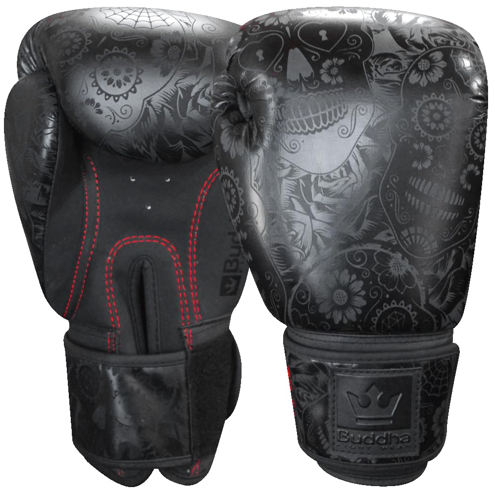 Buddha Fight Wear BUDDHA FIGHT WEAR Fantasy Luzbel Muay Thai Kick Boxing Gloves Faux Leather Anti-Odour Inner Fabric Reinforced Stitching Various Designs (Black and Matte Black, 350g)