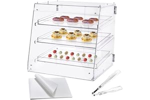 HeiMma Clear Acrylic Pastry Display Case Countertop, Bakery Display Case Countertop with Serving Tongs, 50 Pack Parchment Paper Sheets, 3 Trays, Size: 17.7” x 18.7” x 17.7”