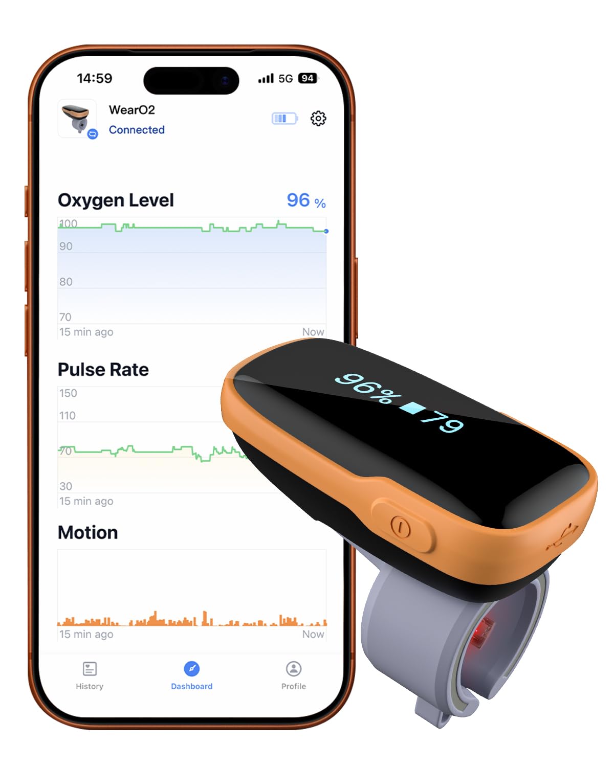 Photo 1 of Vibeat WearO2 Blood Oxygen Monitor — Bluetooth Pulse Oximeter for Continuous O2 and Heart Rate Tracking Rechargeable, Wearable Finger Oxygen Meter with Notification & Free APP