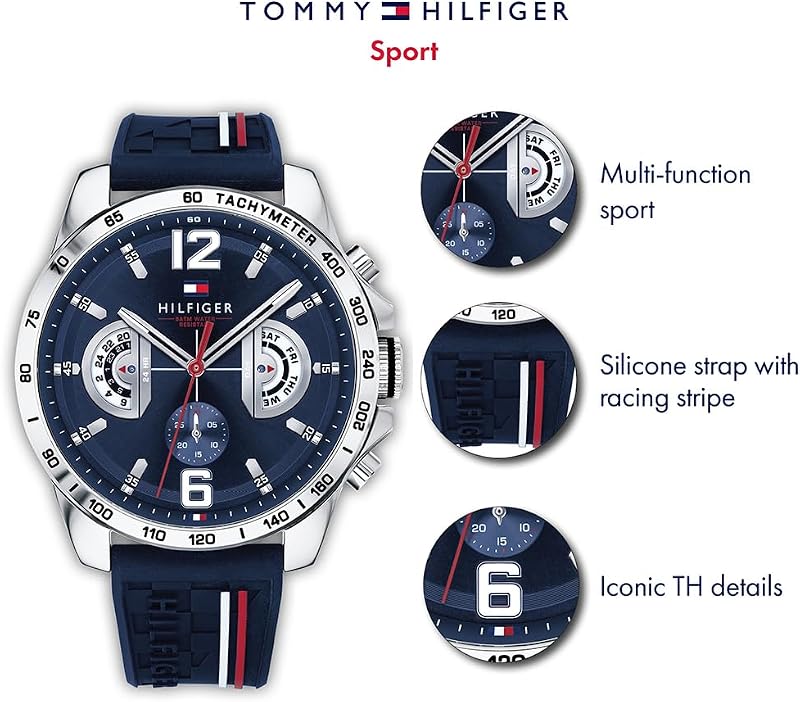 Montre Multifonction Quartz Analogique Homme 46mm - Bracelet en Silicone et Cadran Bleu Marine, 3 sous-Cadrans, Résistante à l'eau 5ATM - 1791476 — photo 2 sur 6