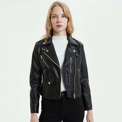 Amazon Com Women S Short Leather Jacket Fashion Cool Lapel Multi Zip Biker Jacket Ideal For Ladies Girls Spring Autumn Outwear Sports Outdoors