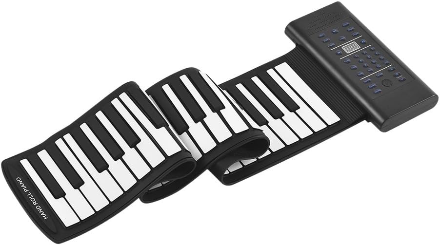 ammoon 61-Key Roll Up Piano Electronic Keyboard Silicon Built-in Stereo Speaker 1000mA Li-ion Battery Support MIDI OUT Microphone Audio Input functions