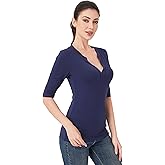 AmélieBoutik Women Deep V Neck Half Sleeve Knit Slim Fitted Tops Casual Work Solid Shirt Blouse