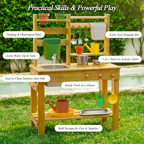 TOYWOO Mud Kitchen Children's Outdoor Play Kitchen, 3-in-1 Mud Table with Water Tank and Sink, Garden Play Kitchen Made of Finnish Wood for Boys Girls from 3 Years