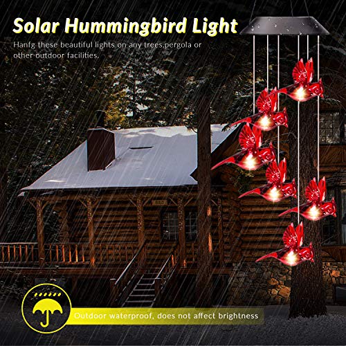 XIEYUZEUS Solar Wind Chimes Cardinal Bird,Solar Cardinal Red Bird Wind Chime Light, with 6 Vivid Hummingbirds Multicolor Led Light，Holidays, Courtyards, Decorations As Gifts