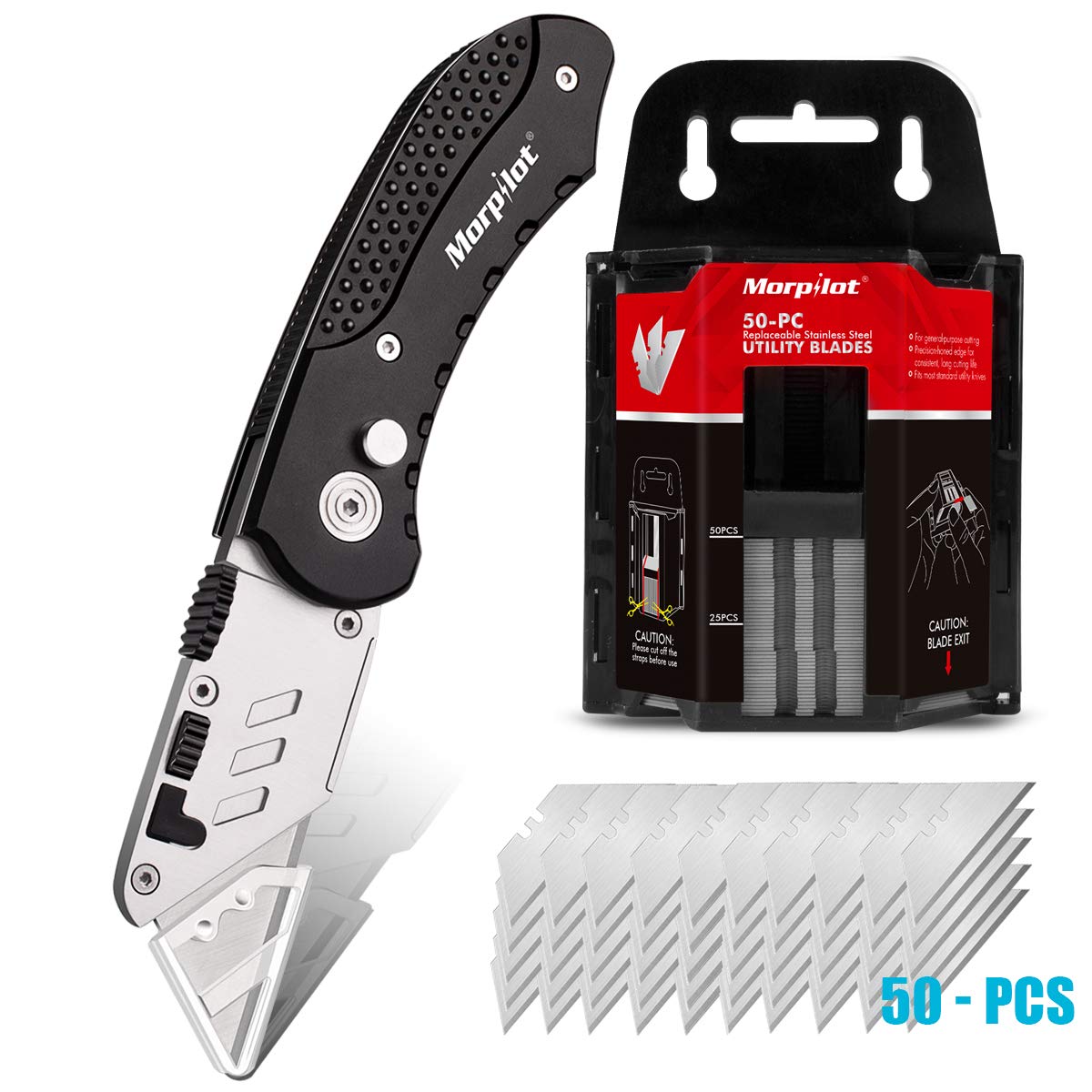 Utility knife - Morpilot Safety Lock-Back Design, and Lightweight Aluminum Body, Includes 50 replaceable stainless steel blades
