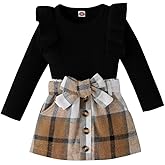 Highnesson-ww Baby Girl Skirt Outfit Long Sleeve Ruffle Shirt Top Mini Skirt Set Knitted Cotton 2Pcs