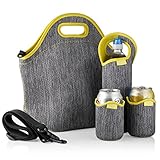 Tabkoe Insulated Neoprene Lunch Bag Set with Tote, Bottle Sleeve, 2 Can Insulators & Adjustable Crossbody Shoulder Strap | Washable, Reusable, Stretchy, Extra Large Travel Lunch Box (Gray Yellow)