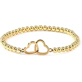 Ustome Gold Silver Heart Ball Seed Beaded Bracelets For Women,Handmade Boho Romantic Stretch Accessories Jewelry, Daily Wear Vacation Holiday Party Valentine's Friendship Gift