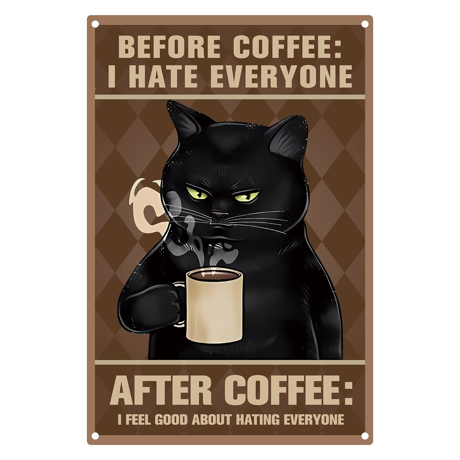 CREATCABIN Funny Vintage Black Metal Tin Sign Cat Drink Coffee Metal Hanging Wall Art Decor Coffee Quote Retro Poster Sign for Cat Lovers Home Kitchen Bathroom Cafe Bar Gifts 8 x 12inch