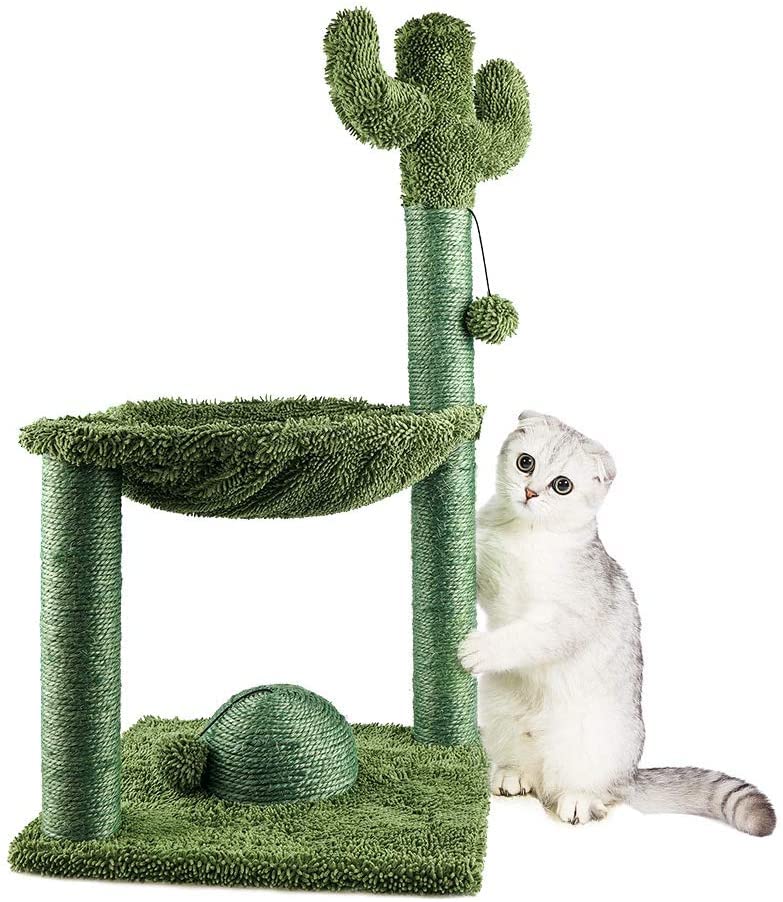 31.5'' Cactus Cat Tree, Cat Scratching Post with Hammock, Sisal Cat
