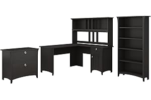 BUSH BUSINESS FURNITURE Bush Furniture Salinas 60W L Shaped Desk with Hutch, Lateral File Cabinet and 5 Shelf Bookcase in Vintage Black