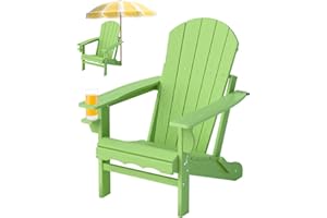 CLOUDEEP Foldable Adirondack Chair, HDPE Fire Pit Chairs with Cup Holder and Umbrella Hole, Wood Texture Folding Adirondack Chairs for Patio Garden, Lime Green
