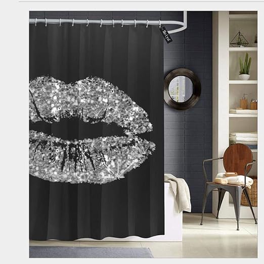Amazon Com Puloa Black Gray Silver Glitter Kiss Lips Makeup Sparkly Shower Curtains With 12 Hooks Durable Bathroom Curtain 72 X 72 Not Real Glitter Just Printed Kitchen Dining