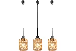Wanluce 3-Pack H Type Track Lighting Pendants, Ceiling Track Hanging Light Fixture with Hand-Woven Rattan Shade, H-Type Tracking Boho Pendant Lighting Fixtures for Kitchen Island Dining Room, E26 Base