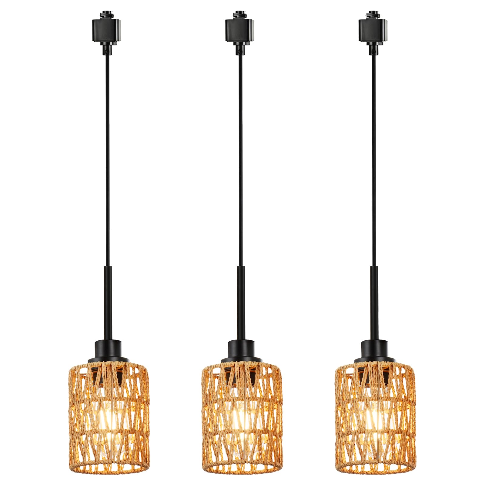 Photo 1 of Wanluce 3-Pack H Type Track Lighting Pendants, Ceiling Track Hanging Light Fixture with Hand-Woven Rattan Shade, H-Type Tracking Boho Pendant Lighting Fixtures for Kitchen Island Dining Room, E26 Base