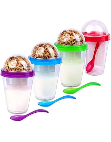 4 vasos de cereales con tapa, varios colores, 4 colores, incluye cuchara y