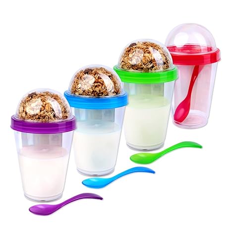 Schramm® 4 Stück Joghurtbecher to go Müsli-to-Go 4- farbig Sortiert Müslibecher inkl. Löffel Müslischale Joghurt Becher Müsli