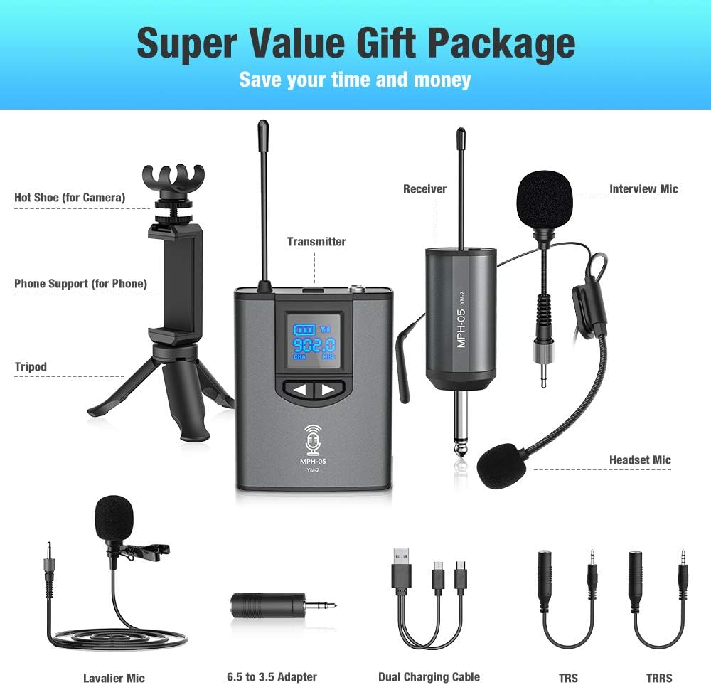 UHF Wireless Microphone System Headset Mic/Stand Mic/Lavalier Lapel Mic with Rechargeable Bodypack Transmitter & Receiver 1/4" Output for iPhone, PA speaker, DSLR Camera, Recording, Teaching: Musical Instruments
