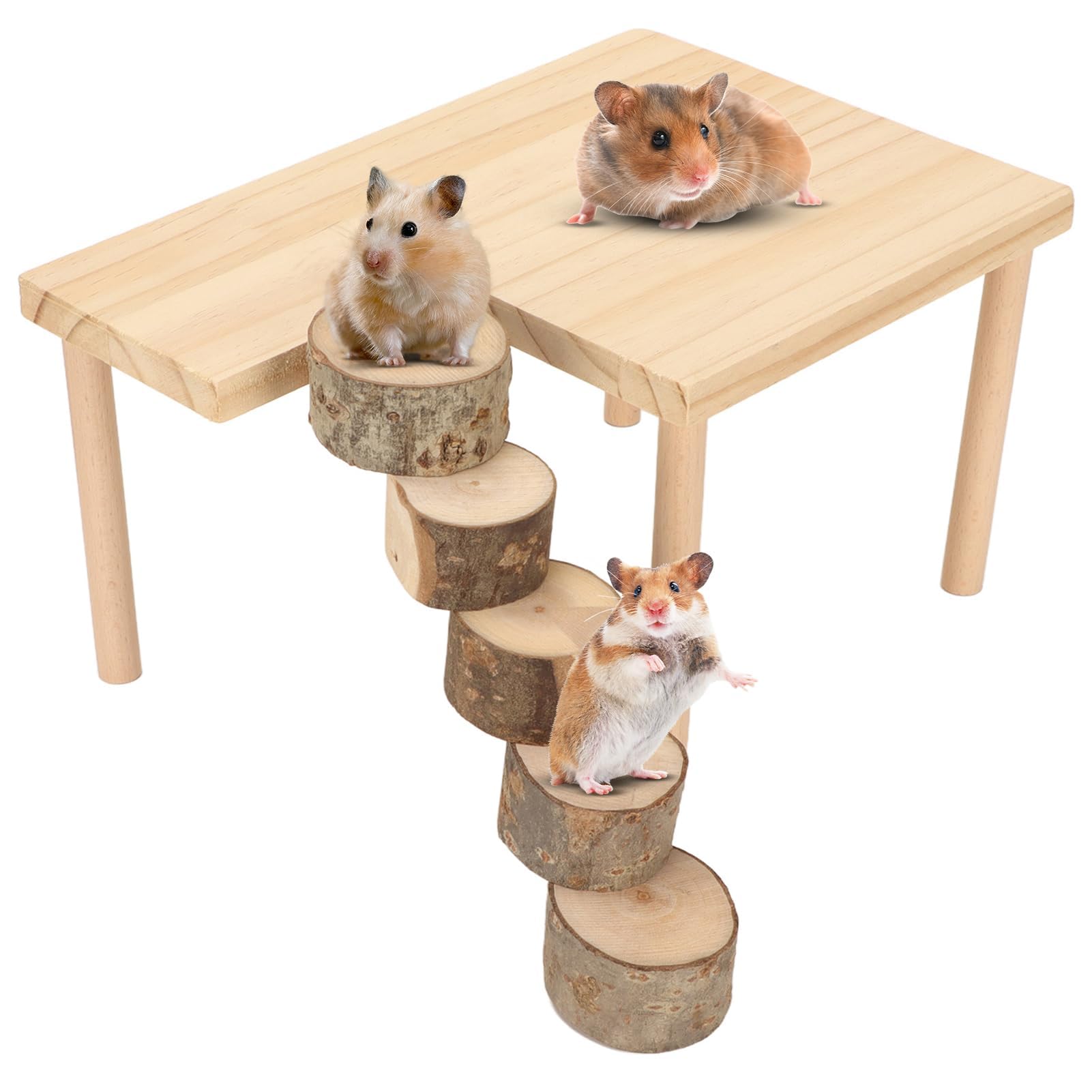 29 x 20 x 15.5cm / 11.4 x 7.9 x 6.1in Wooden Hamster Climbing Landscaping Platform for Guinea Pig Small Pet Playing Activity Playground with Round Ladder for Hamsters, Chinchillas