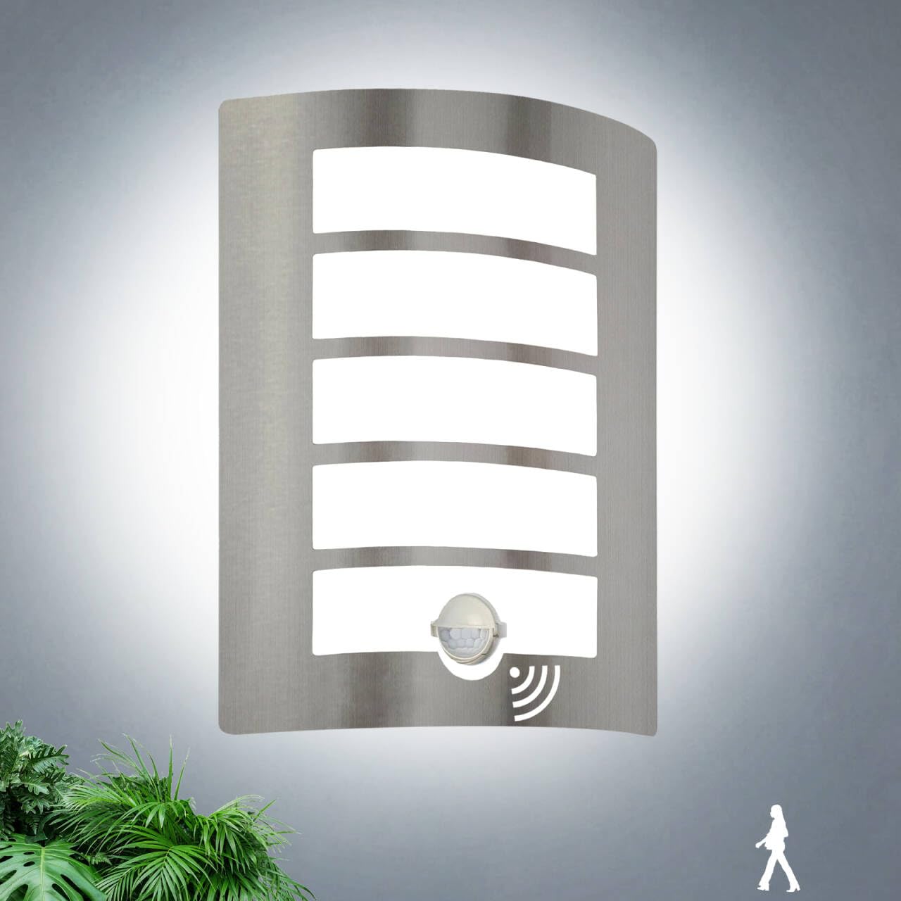 Allesgute Outdoor Wall Lights with PIR Motion Sensor, Curved Outside Lights Mains Powered Stainless Steel IP44 Waterproof Wall Lamp Incl. 1x 12W E27 Bulbs Cool White 6000K