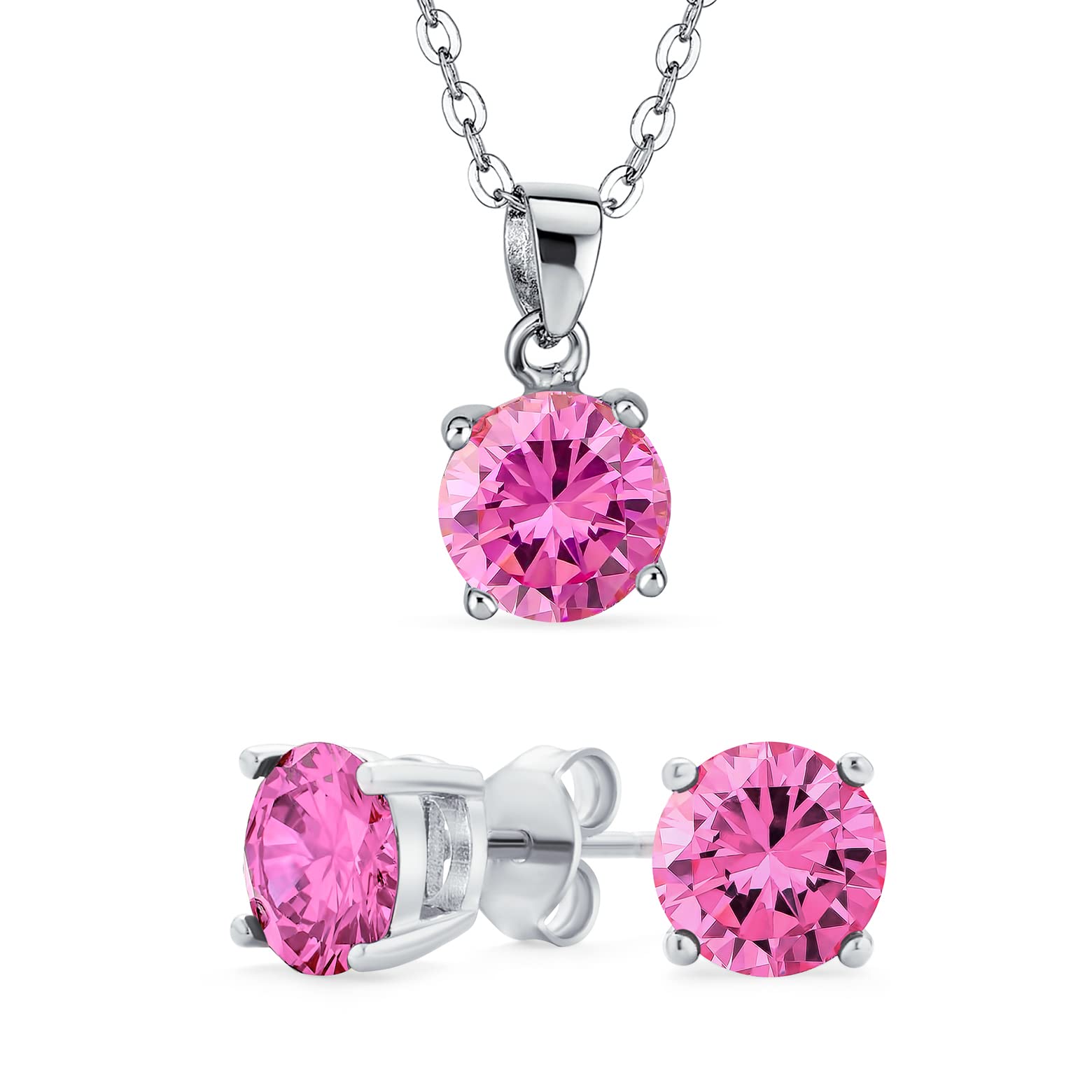 Simple Delicate Solitaire Round Pink Pendant Stud Earrings Jewelry Set Cubic Zirconia Simulated Topaz Rhodium Plated .925 Sterling Silver 18In