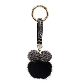 surell Genuine Mink Fur Sparkle Heart Keychain - Cute Love Pompom Purse Accessory - Bedazzled Valentines Day Charm