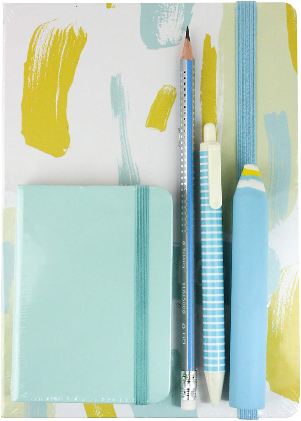Emartbuy Cool Stationery Unique Gift Set including A5 and A7 Notebook Journal Gel Pen Pencil Erasers in Ribbon - Blue Yellow - Image 3