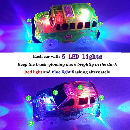 2 Pack Replacement Track Cars Light Up Toy Cars, 5 LED Flashing Lights Compatible with Most Tracks, Green Military Jeep and Yellow School Bus