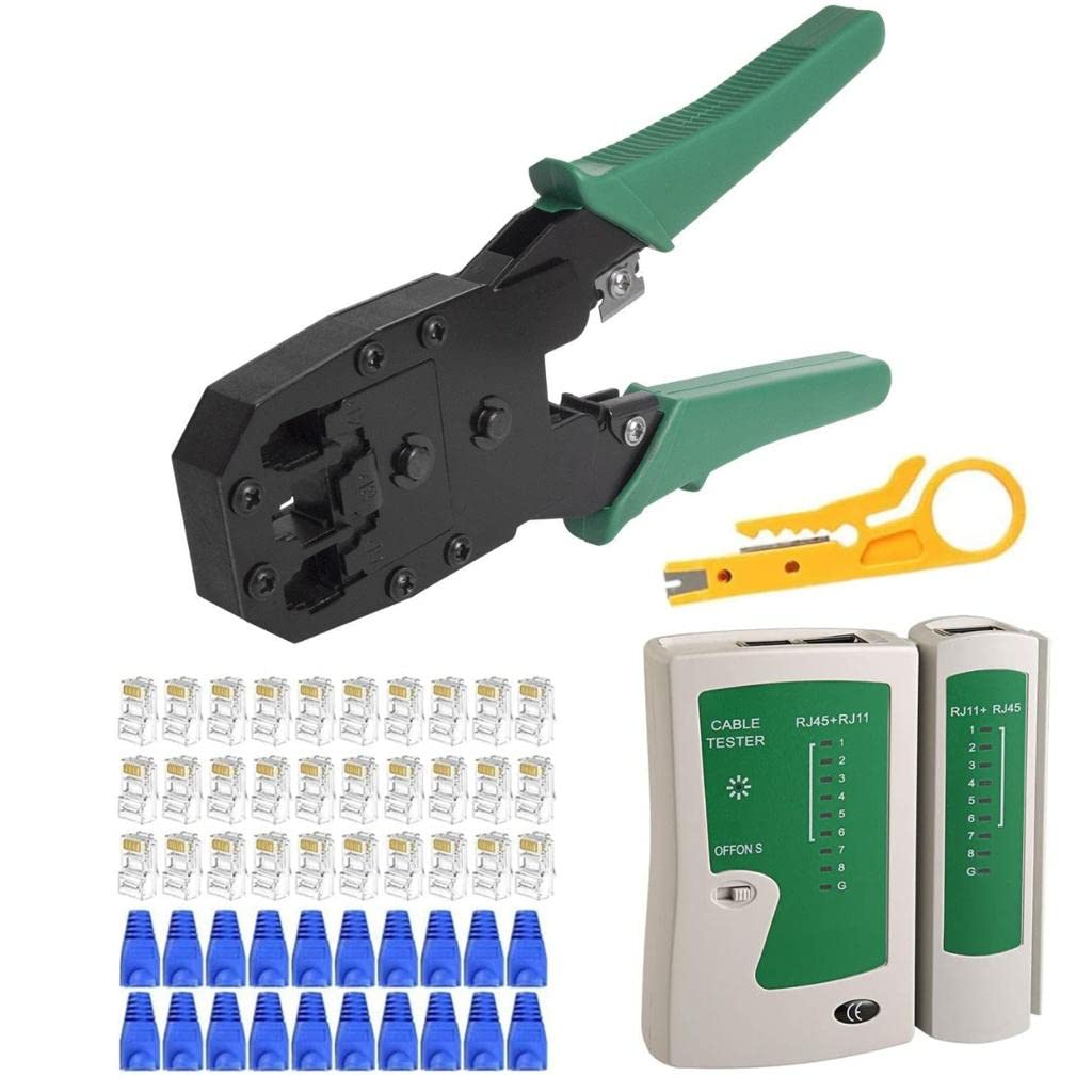 RJ45 Crimp Tool Kit with Cable Tester, Cat5e Cat6 Cat7 RJ11 Crimping Tool, Wire Stripper Cutter, Includes 100 Connector Ends and 100 Crimp Boots for LAN, ADSL and DSL Network Cable Installation