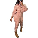 NRTHYE Women's 2 Piece Sweater Sets Long Sleeve Hooded Cable Knit Crop Top High Waist Pants Sweatsuit Outfits