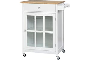 HOMCOM Rolling Kitchen Cart with Drawer and Glass Door Cabinet, Kitchen Island on Wheels with Adjustable Shelf and Towel Rack
