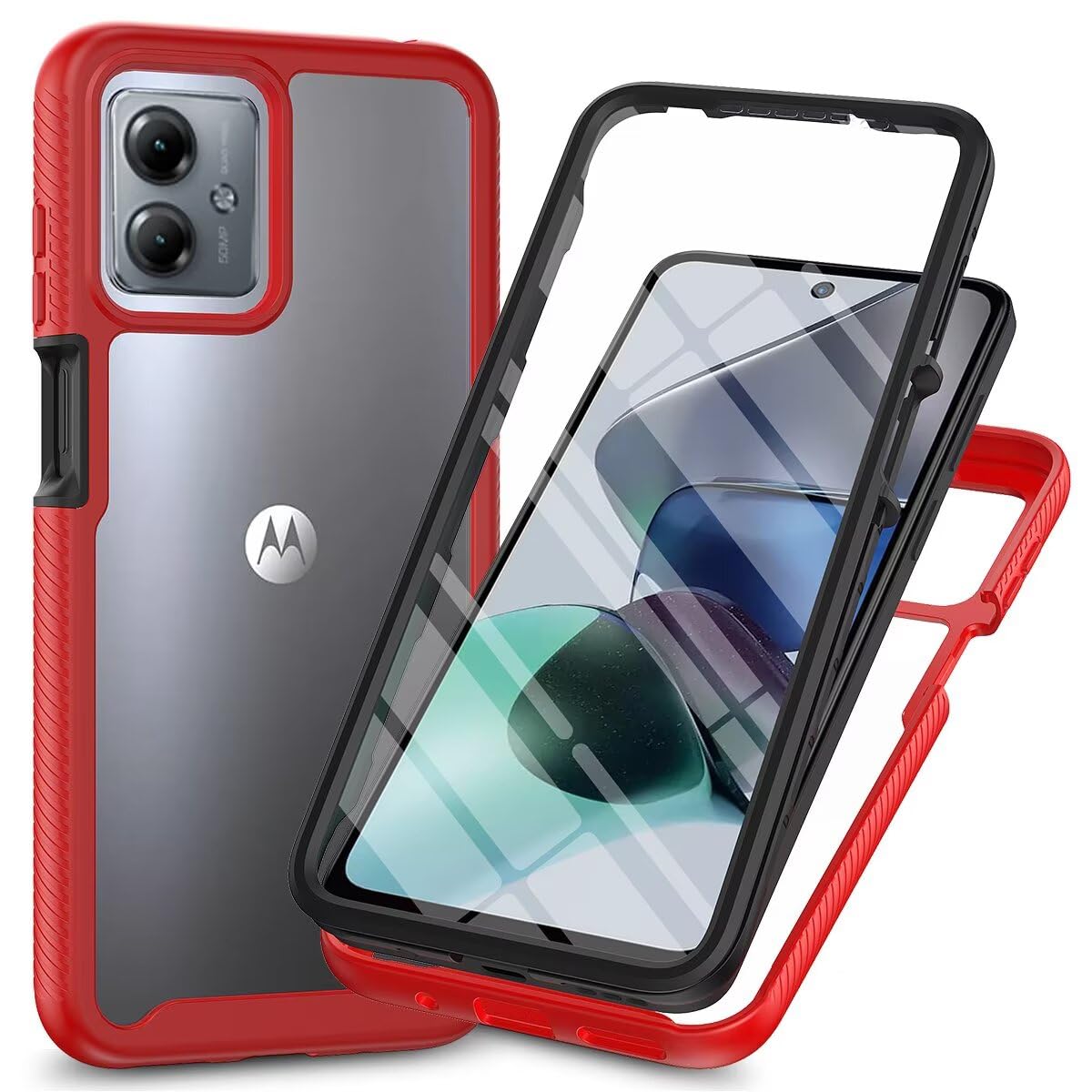 Dfjhure for Motorola Moto G54 Case Built-in Screen Protector Full Body Shockproof Protection Cover tylish Bumper Transparent Back Phone Case Cover for Motorola Moto G54- Red
