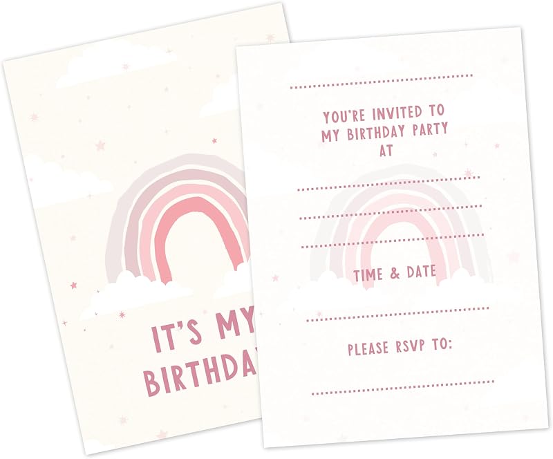 Manta Makes Pink Rainbow Birthday Invitations for Girls Kids Party Invites A6