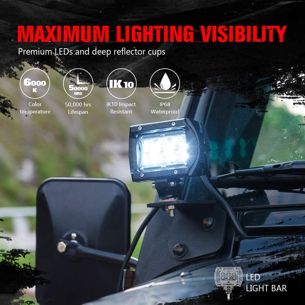MICTUNING 2Pcs LED Light Pods Unlimited-GO K1 4 Inch 18W Off Road Flood LED Light Bar 1620lm White Light for Trucks, Jeep, Motorcycles, SUVs, ATVs, Cars, Boats, Trailer: Automotive