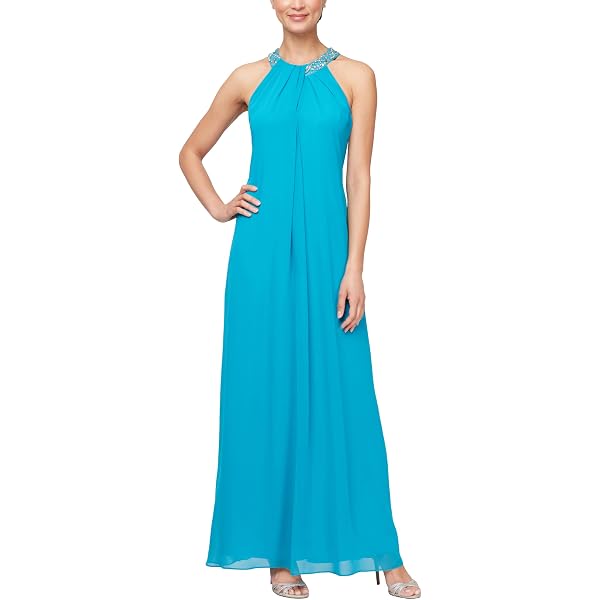 Women's Long Chiffon Halter Neck Maxi Dress - Blue Grey Floral Print Backless Gown For Weddings, Parties - View #5