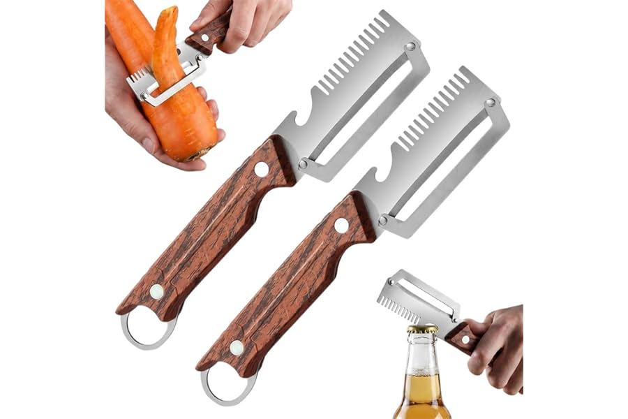 Premium Multi-Functional Vegetable Peeler for Kitchen, Heavy Duty Stainless Steel Potato Peeler with Ergonomic Wooden Handle & Bottle Opener & Storage Hanging Hole for Fruit and Vegetables (2)