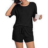 PrinStory Womens Pajama Sets Pjs Short Sleeve Casual Pajamas Set Soft Sleepwear with Pockets