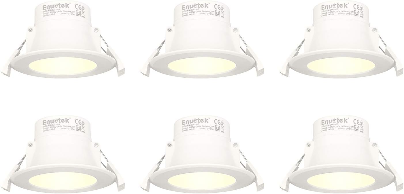 LED Small Recessed Ceiling Downlights 8W Dampproof IP44 for Bathroom Kitchen Living Room Warm White 3000K Hole Diameter 70-85MM AC100~240V 6 Pack by Enuotekโฆ