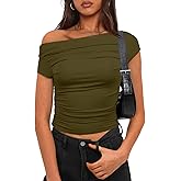 Darong Women's Summer Cap Sleeve Boat Neck Off Shoulder Top Going Out Slim Fit Tops Y2K Tight Shirts