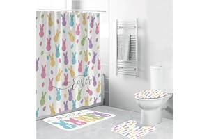 ONIBOGO 4 Pcs Easter Bunny Shower Curtain Sets with Non-Slip Rugs, Toilet Lid Cover and Non-Slip U Shape Bath Mat, Easter Bathroom Decor with 12 Hooks 71 x 71 Inches (Style A)